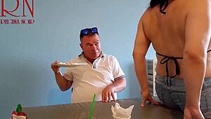 Man, I’m shook... this naked waitress got a guest eatin’ from her navel, full teaser vid is wild!