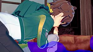 In Konosuba yaoi, Kazuma gets blowjob ending with cum in mouth