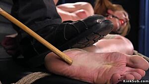 Hogtied sub in suspension gets fingered with rough twists