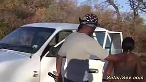 chubby african wife takes big cock pounding outdoors