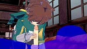 In Konosuba yaoi, Kazuma gets blowjob ending with cum in mouth