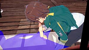 In Konosuba yaoi, Kazuma gets blowjob ending with cum in mouth