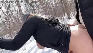 Having outdoor sex in the snowy park, moaning loudly with big natural tits bouncing 😍❄️