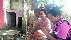 Neighbor grabs my big ass while I bathe naked in massage session.