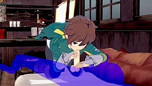 In Konosuba yaoi, Kazuma gets blowjob ending with cum in mouth