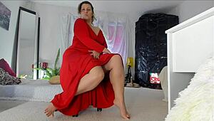 naughty milf sonya teasing in red dress with hairy upskirt! 😜
