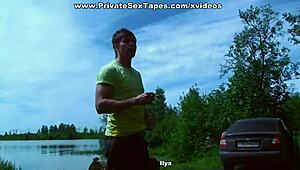 hot brunette amateur stretched and drilled on car boot outdoors