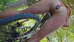 No Panties Biking in Public Park with Close-Up Action.