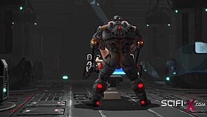 Sci-fi cyborg interacts with young hottie in lab restraints