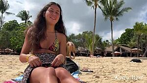 Girl eats sushi with no panties on public beach. Flashing upskirt shocks everyone around her.