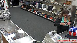 Busty woman has sex with a large penis-possessing pawnshop employee