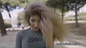 Curly latina with big tits craves monster cock after her vibrating panties tease her shaved pussy in hardcore couple action