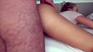 Hardworking man returns home, wife opens holes for creampie.