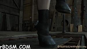 Gagged honey receives rough cunt playing from hangman.