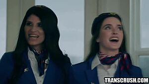 Shemale and female flight attendants sharing intimate hotel moments.