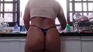 Flashing Big Ass While Washing Dishes in Panties at Father-in-Law's House