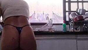 Flashing Big Ass While Washing Dishes in Panties at Father-in-Law's House