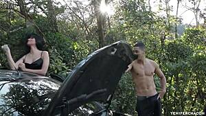 Mechanic and Boyfriend Double Team Latina Babe