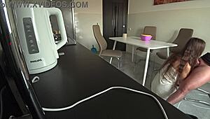 wife sneaks with neighbor for kitchen sex while husband's at work, damn