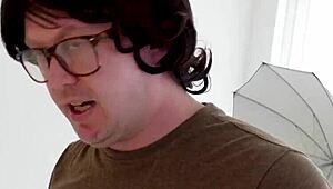 Busty newcomer Beth Abbott gives a blowjob to her nerdy classmate