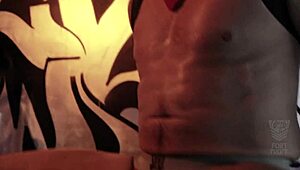 Roman Todd and Pierce Paris battle it out with Alpha Wolfe in rough BDSM dildo play.