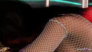 Black hair blue eyes bombshell girl in heels and fishnets gets first time doggystyle facial