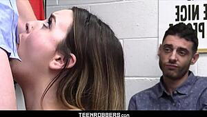 Boyfriend watches girlfriend fucked by guard at work