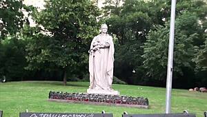 young cute teen girl gets gangbanged on street by statue