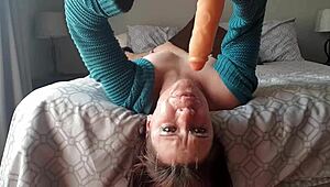 Upside down dildo gag deepthroat with sloppy rough gagging and choking