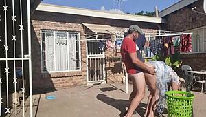 Doggy style and pussy closeup in outdoor laundry van