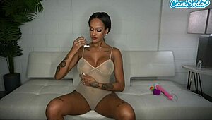 Busty Zoey Sinn teases in sheer lingerie and pleases with various toys