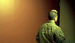 lesbian police officer has fun with the offenders using dildo and scissoring.