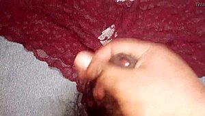 A huge load of cum spills on my friend's burgundy panties.
