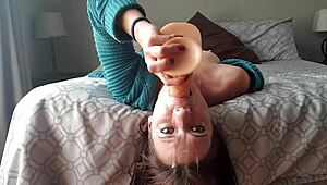 Upside down dildo gag deepthroat with sloppy rough gagging and choking