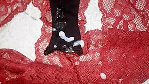 A huge load of cum spills on my friend's burgundy panties.