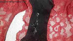 A huge load of cum spills on my friend's burgundy panties.