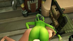 space soldier rescues 2 gals from green goblin creep, givin’ em rough double action... my bad!