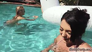 Redhead teen's solo cam turns into anal foursome by the pool