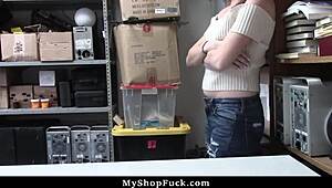 Brunette Teen with Small Tits Caught Shoplifting and Punished by Officer in Office