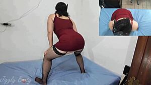 Pov bubble butt amateur in red dress and fishnet stockings gets hardcore doggystyle