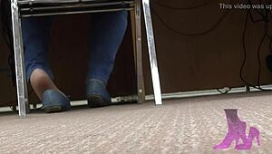 Wife teases with candid shoeplay in nude nylons at library.