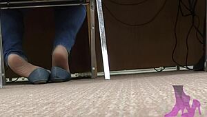 Wife teases with candid shoeplay in nude nylons at library.