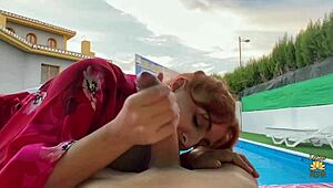 Busty Woman Enjoys Pool Time With Friend Watching