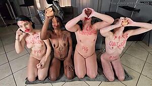 Four Sluts in Red Lipstick Gagging on Dildos During Workout Exercises and Getting Saliva Facials