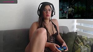 Sexy Petite Latina Teen Enjoying Video Game Session With Friends
