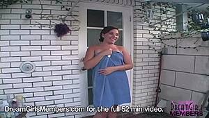 two brunette hotties explore in the wet shower.