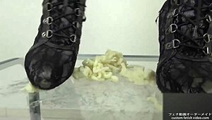 Japanese girl stomps noodles in shoes, teasing ass fetish