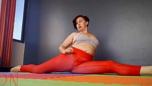 Regina Noir Stuns in Transparent Red Yoga Leotard