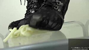 Japanese girl stomps noodles in shoes, teasing ass fetish