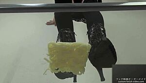 Japanese girl stomps noodles in shoes, teasing ass fetish